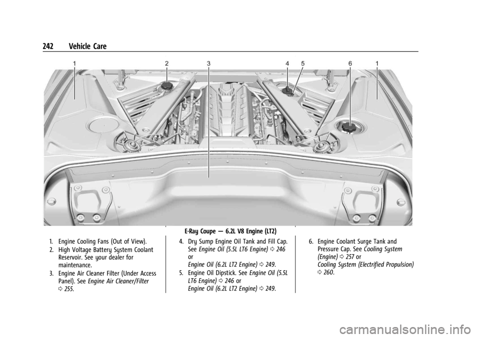 CHEVROLET CORVETTE 2024  Owners Manual Chevrolet Corvette Owner Manual (GMNA-Localizing-U.S./Canada/Mexico-
17272984) - 2024 - CRC - 2/20/23
242 Vehicle Care
E-Ray Coupe—6.2L V8 Engine (LT2)
1. Engine Cooling Fans (Out of View).
2. High 