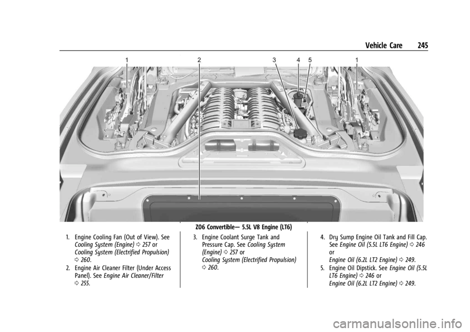 CHEVROLET CORVETTE 2024  Owners Manual Chevrolet Corvette Owner Manual (GMNA-Localizing-U.S./Canada/Mexico-
17272984) - 2024 - CRC - 2/20/23
Vehicle Care 245
Z06 Convertible—5.5L V8 Engine (LT6)
1. Engine Cooling Fan (Out of View). See
C