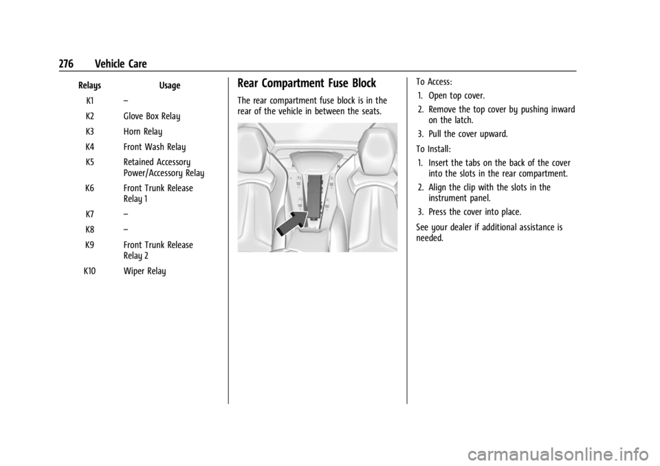 CHEVROLET CORVETTE 2024  Owners Manual Chevrolet Corvette Owner Manual (GMNA-Localizing-U.S./Canada/Mexico-
17272984) - 2024 - CRC - 2/20/23
276 Vehicle Care
RelaysUsage
K1 –
K2 Glove Box Relay
K3 Horn Relay
K4 Front Wash Relay K5 Retain