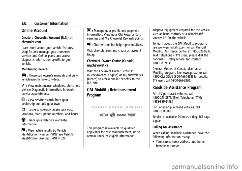 CHEVROLET CORVETTE 2024 Owners Manual Chevrolet Corvette Owner Manual (GMNA-Localizing-U.S./Canada/Mexico-
17272984) - 2024 - CRC - 2/20/23
332 Customer Information
Online Account
Create a Chevrolet Account (U.S.) at
chevrolet.com
Learn m CHEVROLET CORVETTE 2024 Owners Manual Chevrolet Corvette Owner Manual (GMNA-Localizing-U.S./Canada/Mexico-
17272984) - 2024 - CRC - 2/20/23
332 Customer Information
Online Account
Create a Chevrolet Account (U.S.) at
chevrolet.com
Learn m