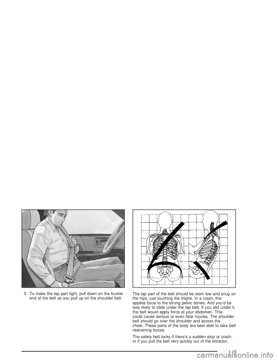 CHEVROLET S10 2004 Owners Manual 5. To make the lap part tight, pull down on the buckle
end of the belt as you pull up on the shoulder belt.The lap part of the belt should be worn low and snug on
the hips, just touching the thighs. I