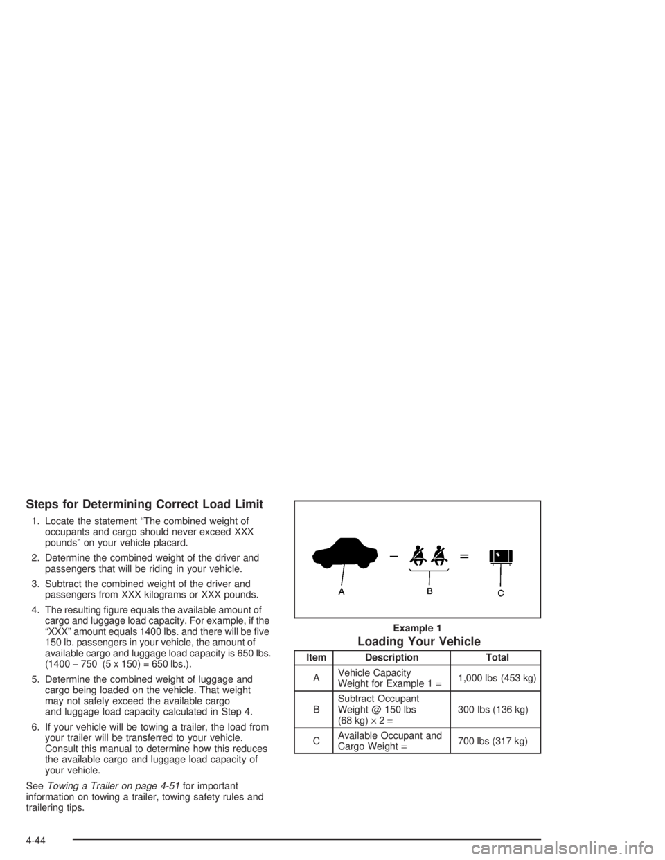 CHEVROLET S10 2004  Owners Manual Steps for Determining Correct Load Limit
1. Locate the statement “The combined weight of
occupants and cargo should never exceed XXX
pounds” on your vehicle placard.
2. Determine the combined weig