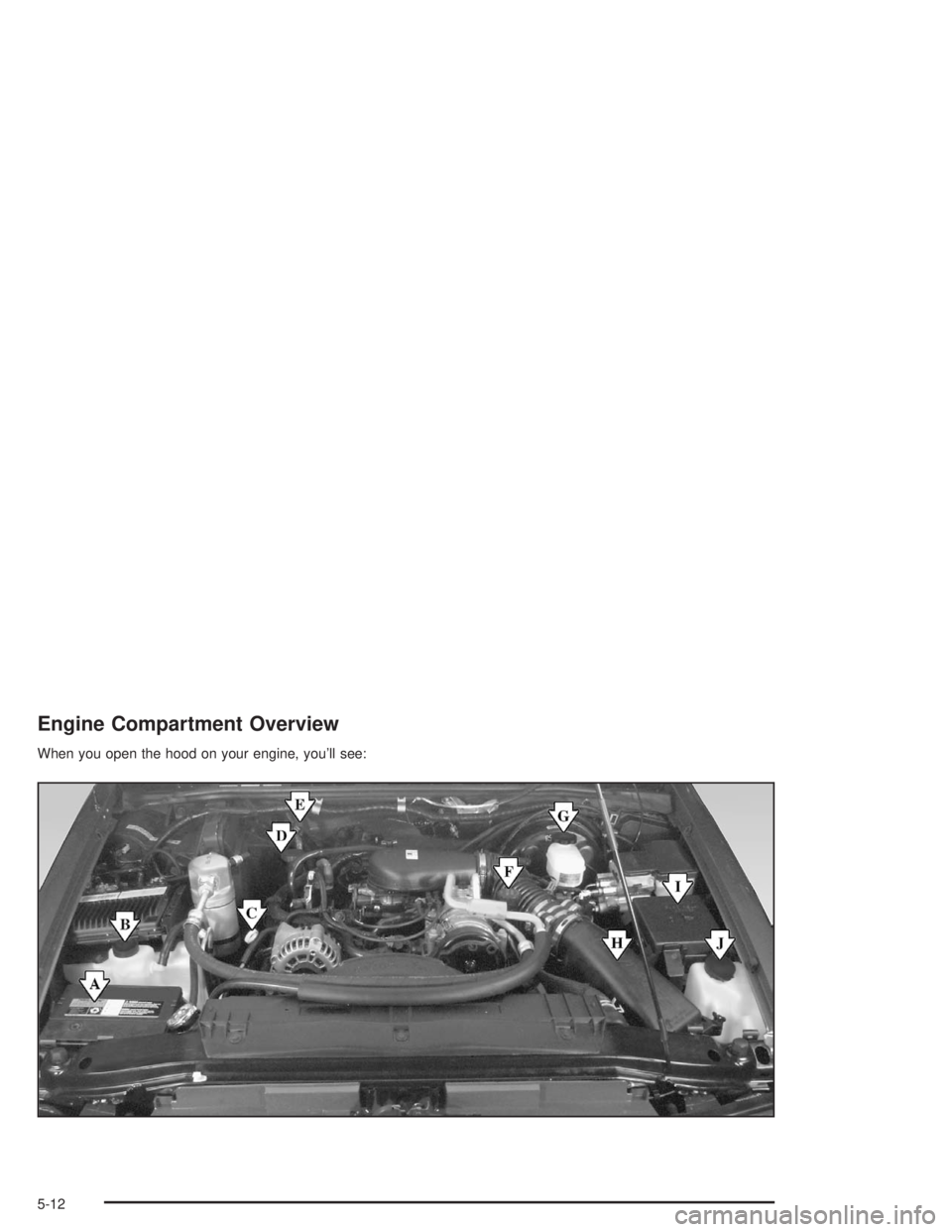 CHEVROLET S10 2004  Owners Manual Engine Compartment Overview
When you open the hood on your engine, you’ll see:
5-12 