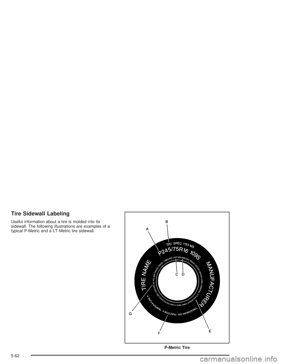 CHEVROLET S10 2004  Owners Manual Tire Sidewall Labeling
Useful information about a tire is molded into its
sidewall. The following illustrations are examples of a
typical P-Metric and a LT-Metric tire sidewall.
P-Metric Tire
5-62 