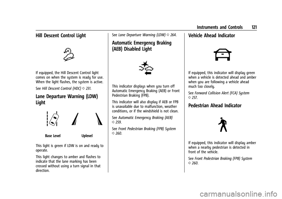 CHEVROLET SILVERADO 2024  Owners Manual Chevrolet Silverado 2500 HD/3500 HD Owner Manual (GMNA-Localizing-U.
S./Canada/Mexico-16908339) - 2024 - CRC - 12/15/22
Instruments and Controls 121
Hill Descent Control Light
If equipped, the Hill De