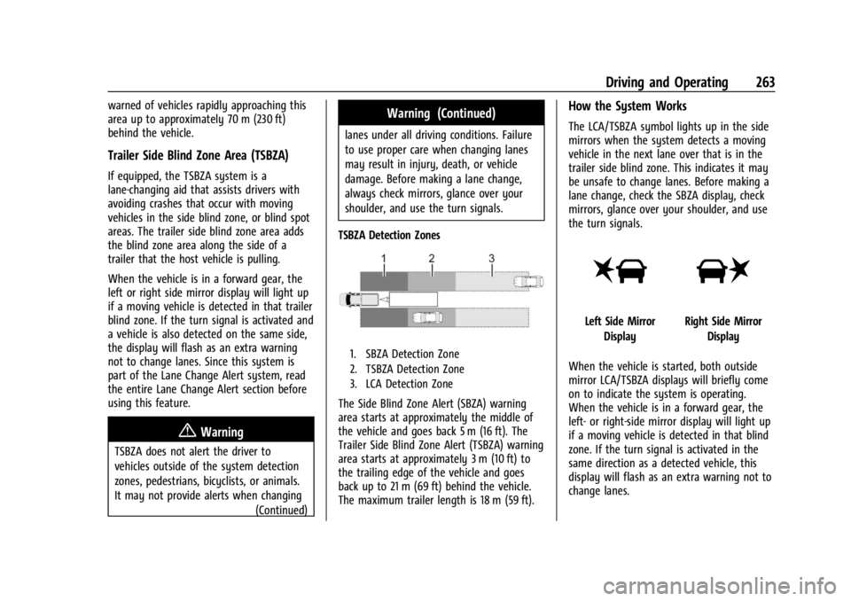 CHEVROLET SILVERADO 2024 Owners Manual Chevrolet Silverado 2500 HD/3500 HD Owner Manual (GMNA-Localizing-U.
S./Canada/Mexico-16908339) - 2024 - CRC - 12/12/22
Driving and Operating 263
warned of vehicles rapidly approaching this
area up to CHEVROLET SILVERADO 2024 Owners Manual Chevrolet Silverado 2500 HD/3500 HD Owner Manual (GMNA-Localizing-U.
S./Canada/Mexico-16908339) - 2024 - CRC - 12/12/22
Driving and Operating 263
warned of vehicles rapidly approaching this
area up to