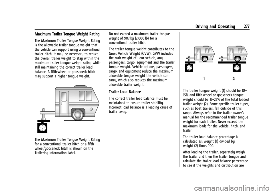 CHEVROLET SILVERADO 2024  Owners Manual Chevrolet Silverado 2500 HD/3500 HD Owner Manual (GMNA-Localizing-U.
S./Canada/Mexico-16908339) - 2024 - CRC - 12/12/22
Driving and Operating 277
Maximum Trailer Tongue Weight Rating
The Maximum Trail