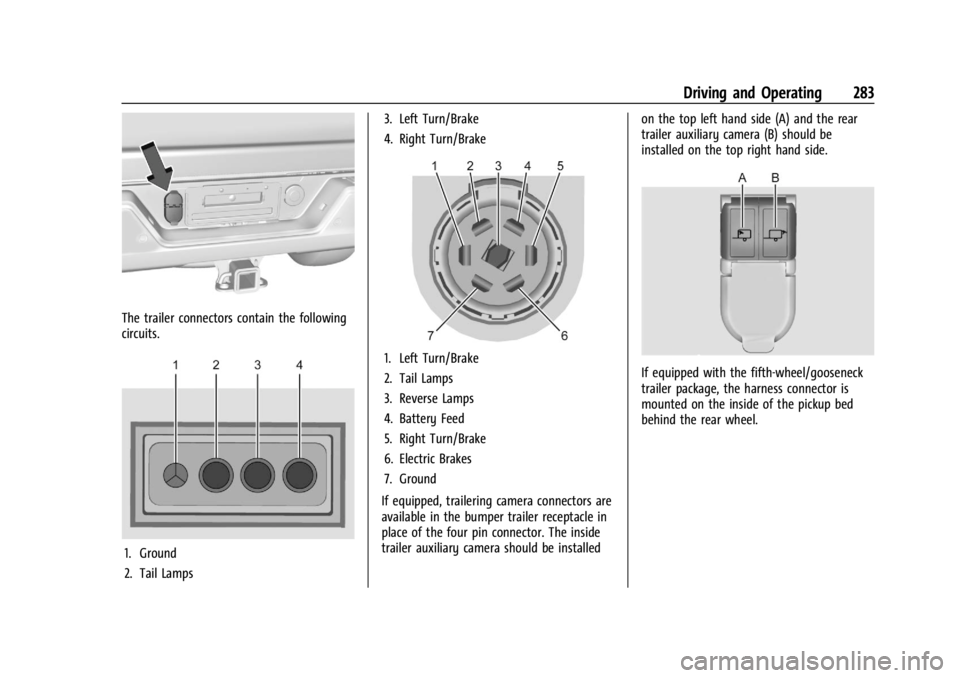 CHEVROLET SILVERADO 2024  Owners Manual Chevrolet Silverado 2500 HD/3500 HD Owner Manual (GMNA-Localizing-U.
S./Canada/Mexico-16908339) - 2024 - CRC - 12/12/22
Driving and Operating 283
The trailer connectors contain the following
circuits.