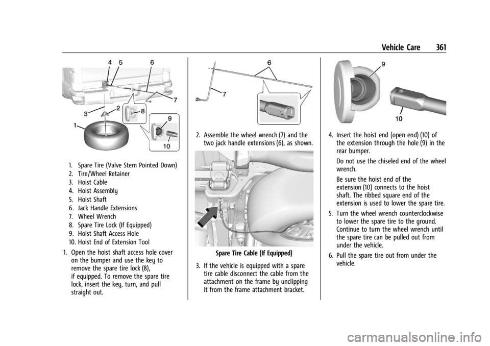 CHEVROLET SILVERADO 2024  Owners Manual Chevrolet Silverado 2500 HD/3500 HD Owner Manual (GMNA-Localizing-U.
S./Canada/Mexico-16908339) - 2024 - CRC - 12/5/22
Vehicle Care 361
1. Spare Tire (Valve Stem Pointed Down)
2. Tire/Wheel Retainer
3