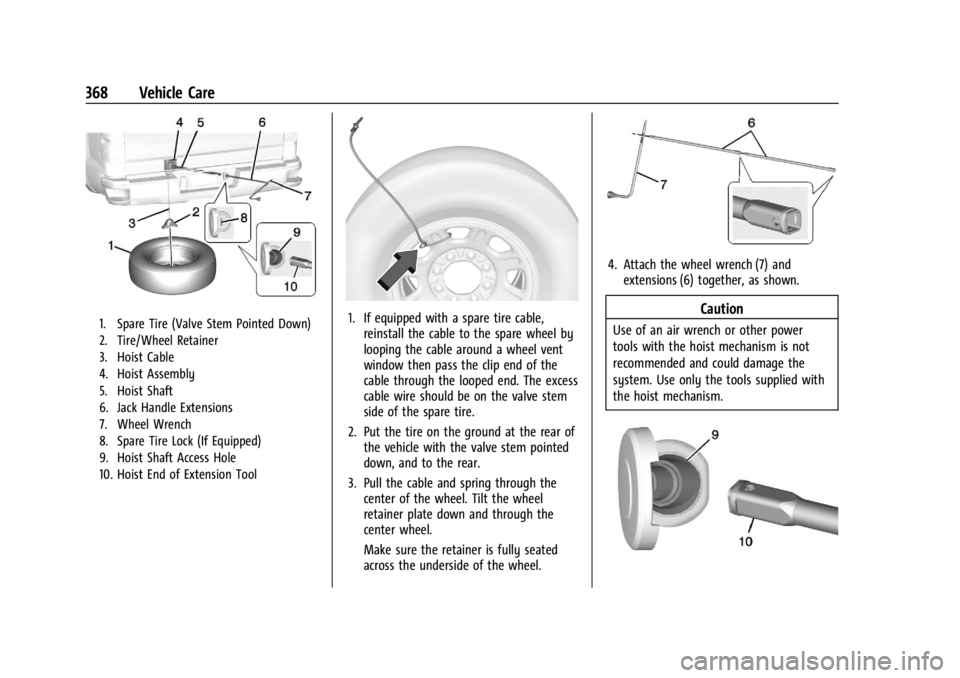 CHEVROLET SILVERADO 2024  Owners Manual Chevrolet Silverado 2500 HD/3500 HD Owner Manual (GMNA-Localizing-U.
S./Canada/Mexico-16908339) - 2024 - CRC - 12/5/22
368 Vehicle Care
1. Spare Tire (Valve Stem Pointed Down)
2. Tire/Wheel Retainer
3