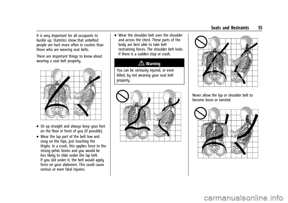 CHEVROLET SILVERADO 2024  Owners Manual Chevrolet Silverado 2500 HD/3500 HD Owner Manual (GMNA-Localizing-U.
S./Canada/Mexico-16908339) - 2024 - CRC - 12/5/22
Seats and Restraints 55
It is very important for all occupants to
buckle up. Stat