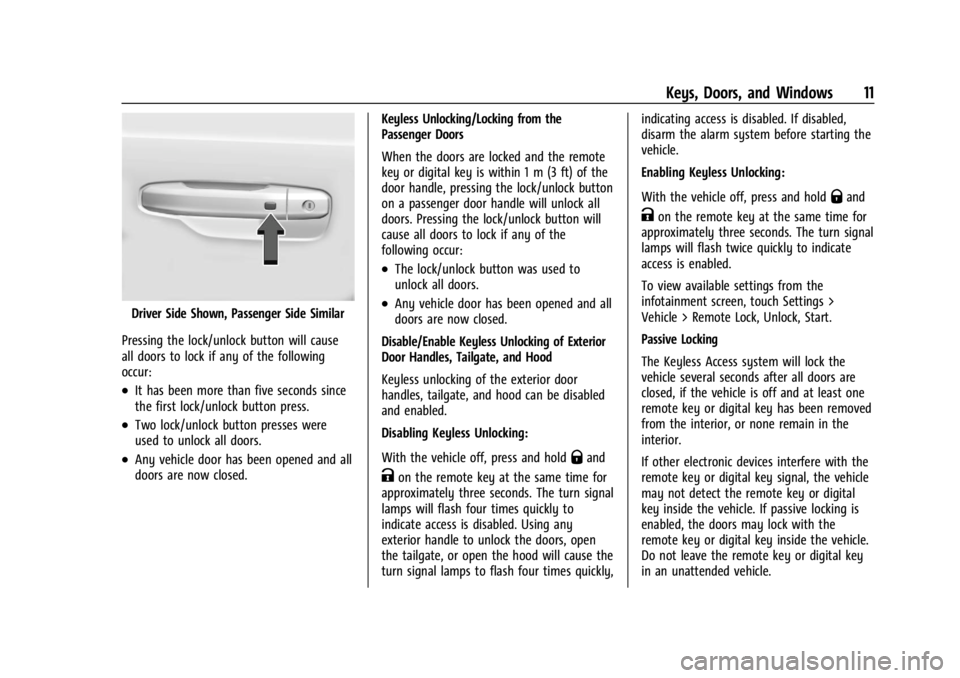 CHEVROLET SILVERADO EV 2024 User Guide Chevrolet Silverado EV Owner Manual (GMNA-Localizing-U.S./Canada-
16702912) - 2024 - CRC - 1/23/23
Keys, Doors, and Windows 11
Driver Side Shown, Passenger Side Similar
Pressing the lock/unlock button CHEVROLET SILVERADO EV 2024 User Guide Chevrolet Silverado EV Owner Manual (GMNA-Localizing-U.S./Canada-
16702912) - 2024 - CRC - 1/23/23
Keys, Doors, and Windows 11
Driver Side Shown, Passenger Side Similar
Pressing the lock/unlock button