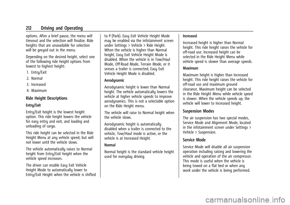 CHEVROLET SILVERADO EV 2024  Owners Manual Chevrolet Silverado EV Owner Manual (GMNA-Localizing-U.S./Canada-
16702912) - 2024 - CRC - 1/17/23
212 Driving and Operating
options. After a brief pause, the menu will
timeout and the selection will 