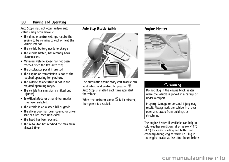 CHEVROLET TRAX 2024 Owners Manual Chevrolet TRAX Owner Manual (GMNA-Localizing-U.S./Canada/Mexico-
17041293) - 2024 - CRC - 12/6/22
180 Driving and Operating
Auto Stops may not occur and/or auto
restarts may occur because:
.The climat CHEVROLET TRAX 2024 Owners Manual Chevrolet TRAX Owner Manual (GMNA-Localizing-U.S./Canada/Mexico-
17041293) - 2024 - CRC - 12/6/22
180 Driving and Operating
Auto Stops may not occur and/or auto
restarts may occur because:
.The climat