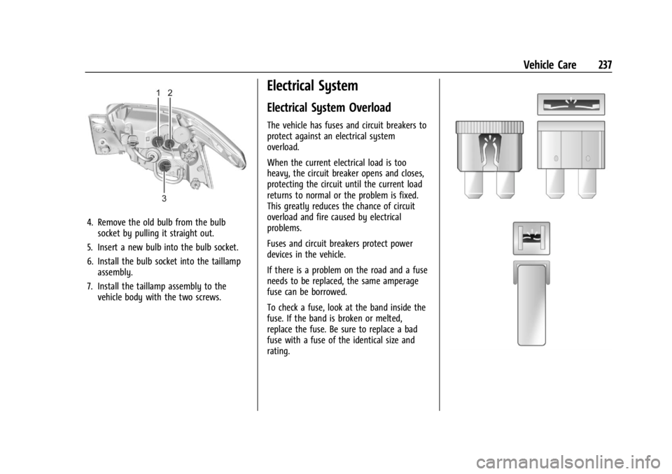 CHEVROLET TRAX 2024  Owners Manual Chevrolet TRAX Owner Manual (GMNA-Localizing-U.S./Canada/Mexico-
17041293) - 2024 - CRC - 12/6/22
Vehicle Care 237
4. Remove the old bulb from the bulbsocket by pulling it straight out.
5. Insert a ne
