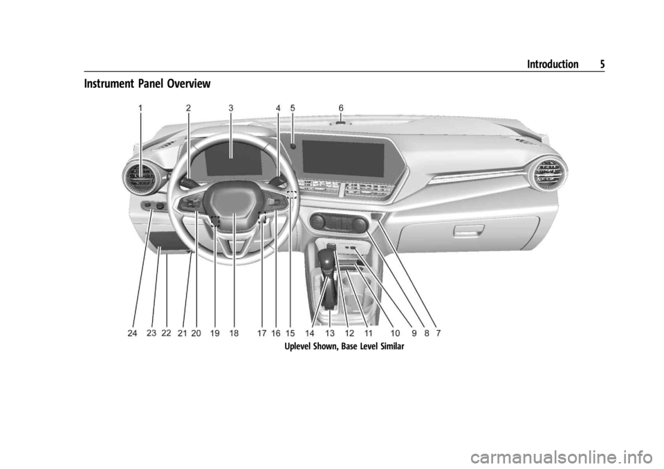 CHEVROLET TRAX 2024  Owners Manual Chevrolet TRAX Owner Manual (GMNA-Localizing-U.S./Canada/Mexico-
17041293) - 2024 - CRC - 12/2/22
Introduction 5
Instrument Panel Overview
Uplevel Shown, Base Level Similar 