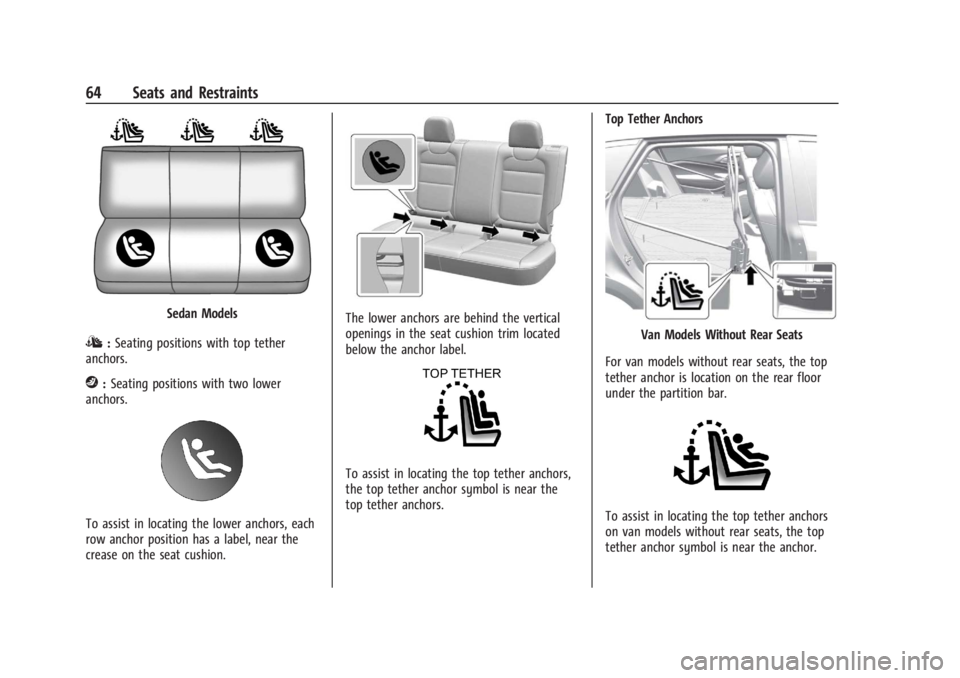 CHEVROLET TRAX 2024 User Guide Chevrolet TRAX Owner Manual (GMNA-Localizing-U.S./Canada/Mexico-
17041293) - 2024 - CRC - 12/7/22
64 Seats and Restraints
Sedan Models
I:Seating positions with top tether
anchors.
j: Seating positions CHEVROLET TRAX 2024 User Guide Chevrolet TRAX Owner Manual (GMNA-Localizing-U.S./Canada/Mexico-
17041293) - 2024 - CRC - 12/7/22
64 Seats and Restraints
Sedan Models
I:Seating positions with top tether
anchors.
j: Seating positions