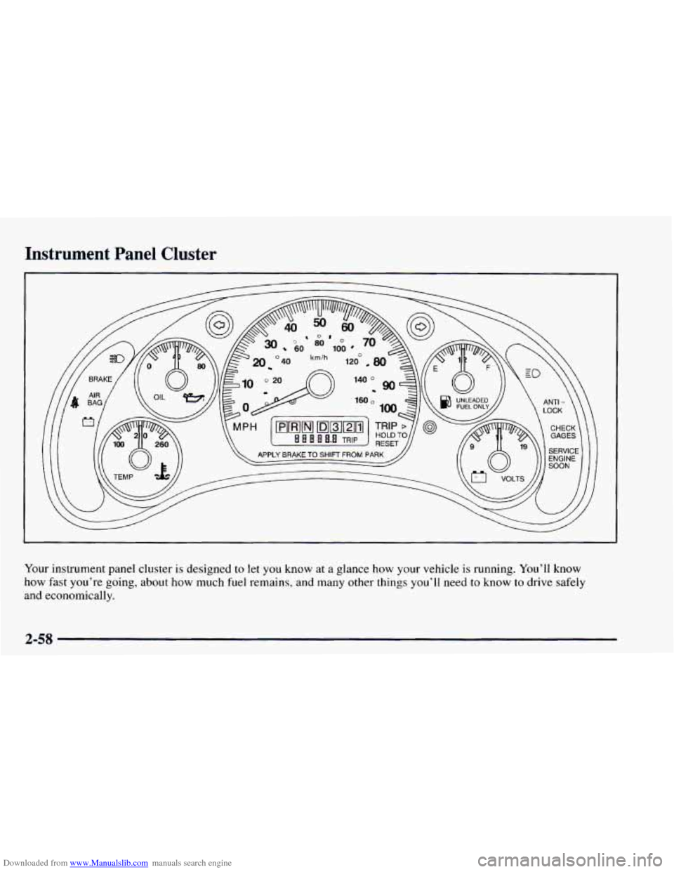 CHEVROLET ASTRO 1997 2.G Owners Manual Downloaded from www.Manualslib.com manuals search engine Instrument Panel Cluster 
Your instrument panel cluster is designed to let you know at  a  glance  how your vehicle is running. You’ll know 
