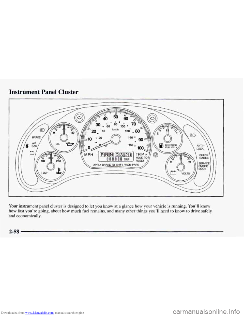 CHEVROLET ASTRO 1997 2.G Owners Manual Downloaded from www.Manualslib.com manuals search engine Instrument Panel Cluster
Your instrument panel cluster is designed to let you know at a glance how your vehicle is running. You’ll know
CHEVROLET ASTRO 1997 2.G Owners Manual Downloaded from www.Manualslib.com manuals search engine Instrument Panel Cluster
Your instrument panel cluster is designed to let you know at a glance how your vehicle is running. You’ll know