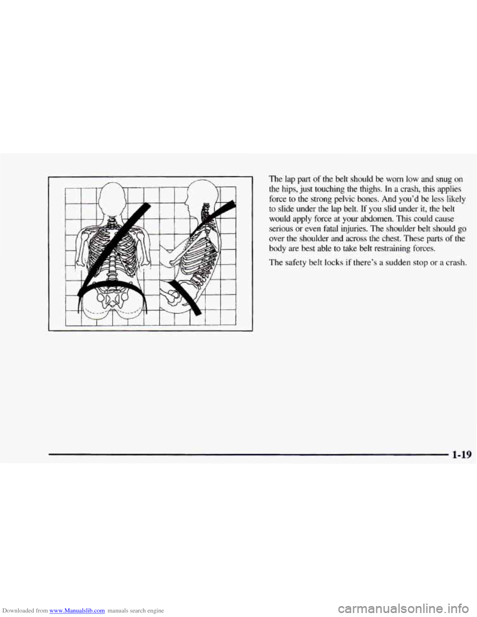 CHEVROLET ASTRO 1997 2.G Owners Manual Downloaded from www.Manualslib.com manuals search engine The lap  part  of  the belt should  be  worn  low  and  snug  on 
the  hips,  just  touching  the  thighs.  In a crash,  this  applies 
force  