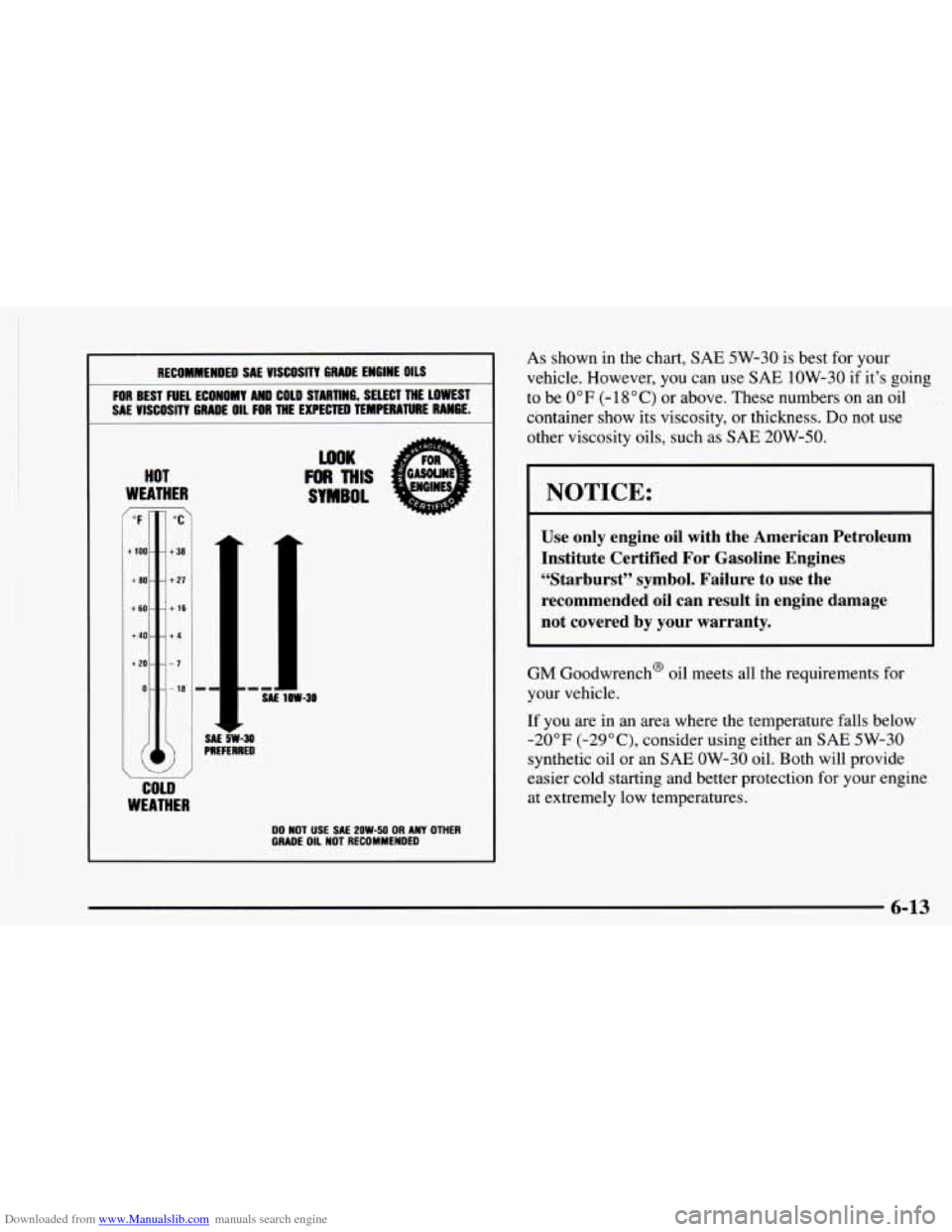 CHEVROLET ASTRO 1997 2.G Owners Manual Downloaded from www.Manualslib.com manuals search engine RECOMMENDED SAE  VISCOSITY  GRADE  ENGINE OILS 
FOR BEST  FUEL  ECONOMY AND COLD  STARTING,  SELECT  THE  LOWEST 
SAE VISCOSITY GRADE  OIL  FOR