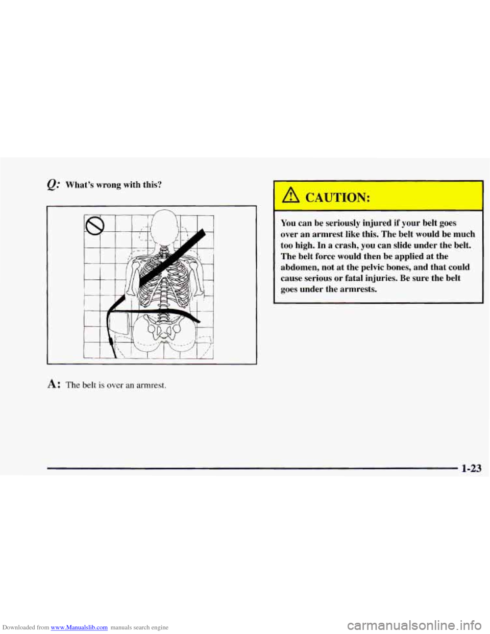 CHEVROLET ASTRO 1997 2.G Owners Guide Downloaded from www.Manualslib.com manuals search engine Whats  wrong  with  this? 
Ill l,--L-/ ! -.I I 
A: The belt is over an armrest. 
/II CAI, LION: 
- 
You can  be  seriously  injured if your  b