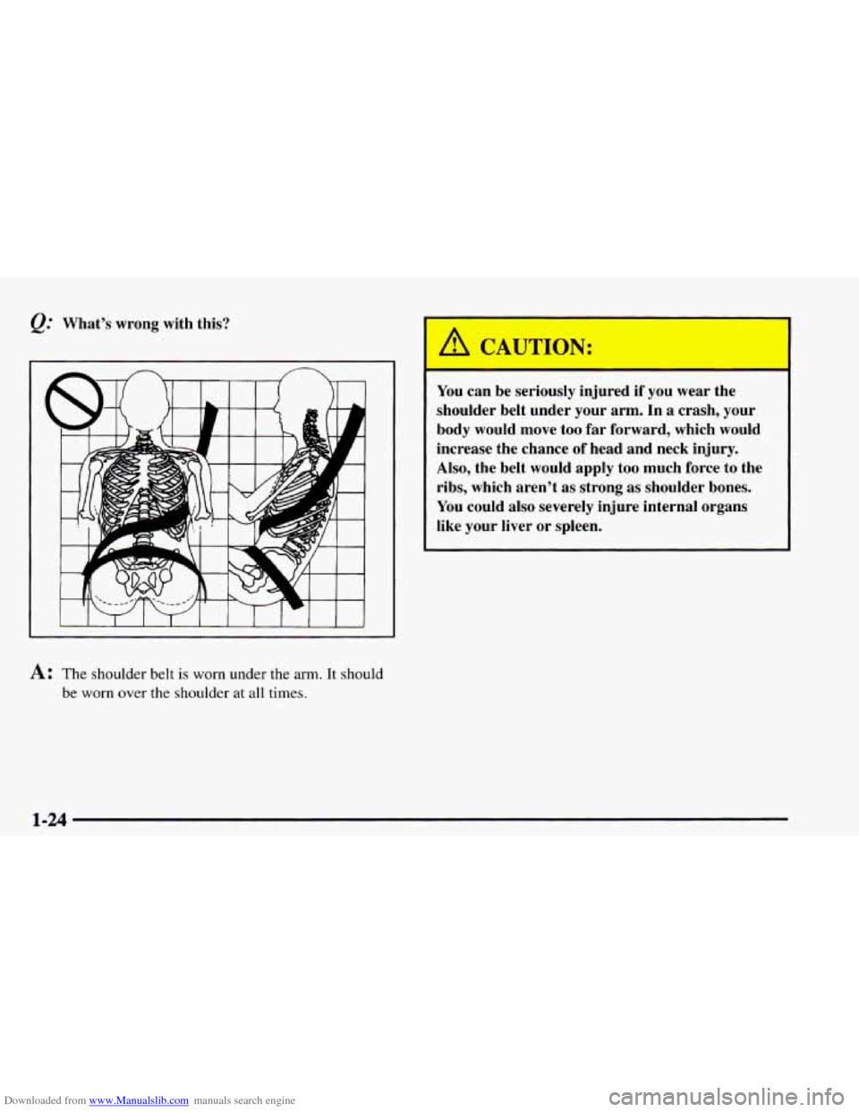 CHEVROLET ASTRO 1997 2.G Owners Guide Downloaded from www.Manualslib.com manuals search engine @ Whats  wrong  with  this? 
A: The shoulder belt is worn under the arm. It should 
be worn  over the shoulder at all times. 
I 
 You can be 