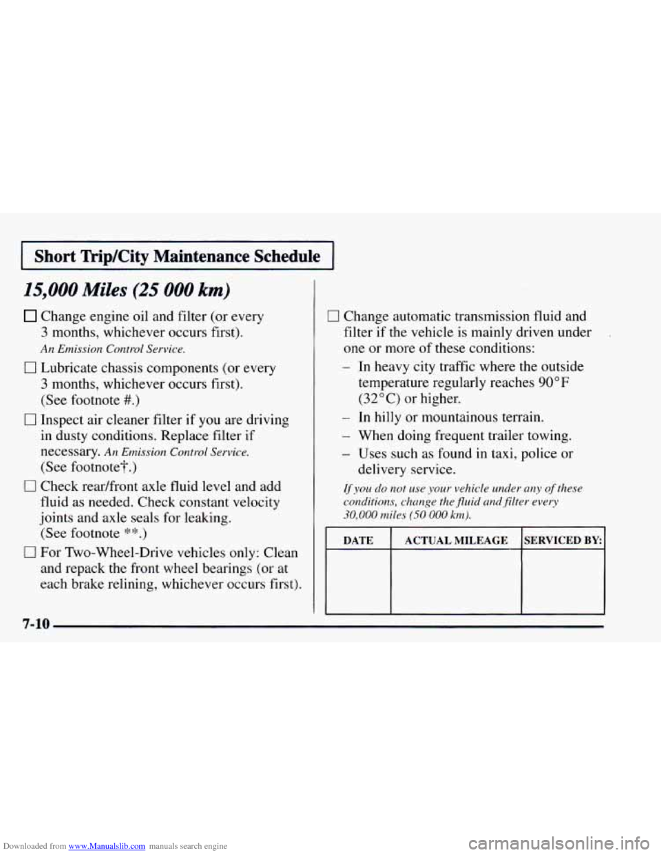 CHEVROLET ASTRO 1997 2.G Owners Manual Downloaded from www.Manualslib.com manuals search engine I Short lkip/City Maintenance Schedule I
15,000 Miles (25 000 km)
Change engine oil and filter (or every
3 months, whichever occurs fir CHEVROLET ASTRO 1997 2.G Owners Manual Downloaded from www.Manualslib.com manuals search engine I Short lkip/City Maintenance Schedule I
15,000 Miles (25 000 km)
Change engine oil and filter (or every
3 months, whichever occurs fir