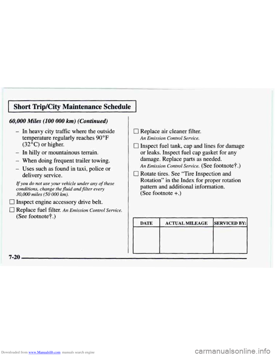 CHEVROLET ASTRO 1997 2.G Owners Manual Downloaded from www.Manualslib.com manuals search engine I
I Short Trip/City Maintenance Schedule I
40,000 Miles (100 000 km) (Continued)
- In heavy city traffic where the outside
temperat CHEVROLET ASTRO 1997 2.G Owners Manual Downloaded from www.Manualslib.com manuals search engine I
I Short Trip/City Maintenance Schedule I
40,000 Miles (100 000 km) (Continued)
- In heavy city traffic where the outside
temperat