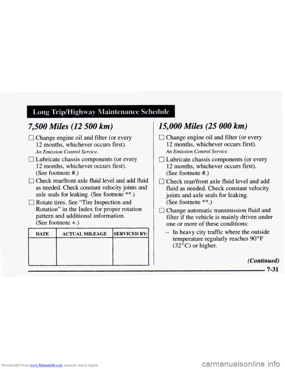 CHEVROLET ASTRO 1997 2.G Owners Manual Downloaded from www.Manualslib.com manuals search engine 7,500 Miles (12 500 km) 
0 Change engine oil and filter  (or  every 
12  months,  whichever  occurs  first). 
0 Lubricate chassis components  (