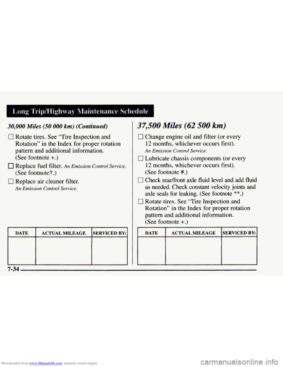 CHEVROLET ASTRO 1997 2.G Service Manual Downloaded from www.Manualslib.com manuals search engine I Long Trip/Highwav  Maintenance Schedule 1 
30,000 Miles (50 000 km) (Continued) 
0 Rotate  tires. See “Tire Inspection  and 
Rotation”  i