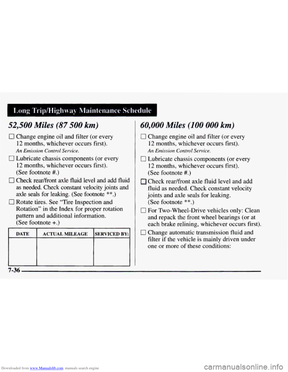 CHEVROLET ASTRO 1997 2.G Owners Manual Downloaded from www.Manualslib.com manuals search engine II,ongTriplHighway Maintenance Schedule I
52,500 Miles (87 500 km)
0 Change engine oil and filter (or every
12 months, whichever occu CHEVROLET ASTRO 1997 2.G Owners Manual Downloaded from www.Manualslib.com manuals search engine II,ongTriplHighway Maintenance Schedule I
52,500 Miles (87 500 km)
0 Change engine oil and filter (or every
12 months, whichever occu