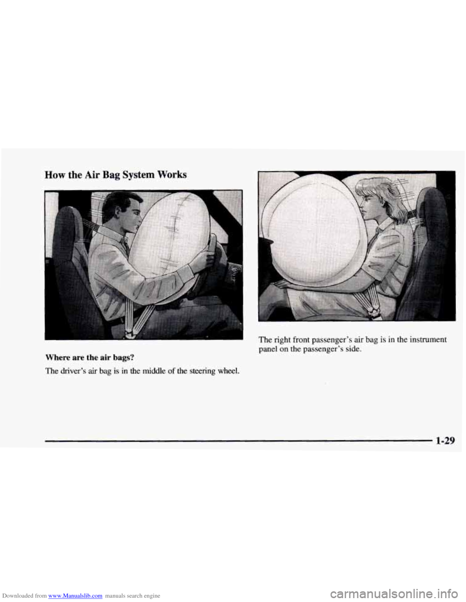 CHEVROLET ASTRO 1997 2.G Owners Guide Downloaded from www.Manualslib.com manuals search engine How the Air Bag System Works
I
Where are the air bags?
The driver’s air bag is in the middle of the steering wheel. The right fro CHEVROLET ASTRO 1997 2.G Owners Guide Downloaded from www.Manualslib.com manuals search engine How the Air Bag System Works
I
Where are the air bags?
The driver’s air bag is in the middle of the steering wheel. The right fro