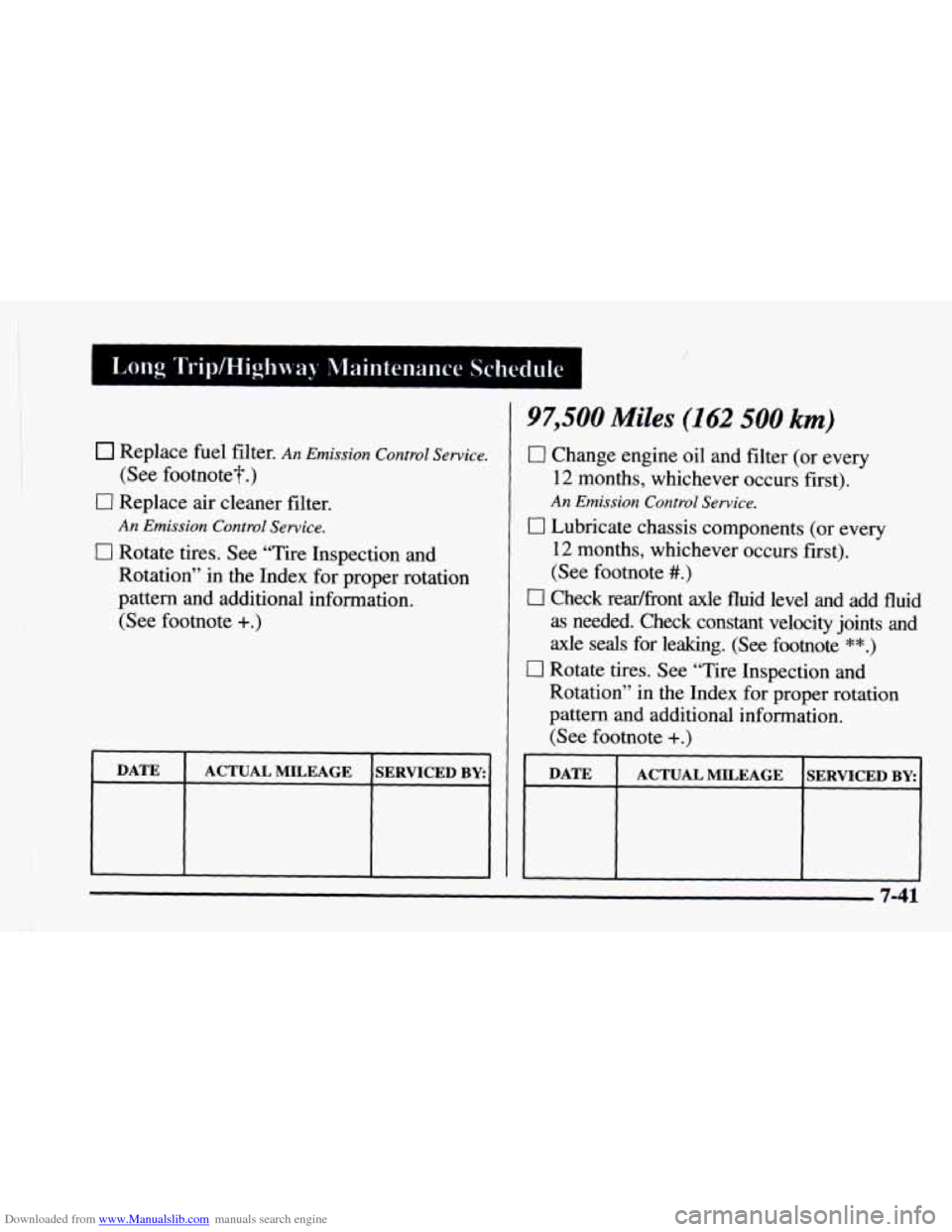 CHEVROLET ASTRO 1997 2.G Owners Manual Downloaded from www.Manualslib.com manuals search engine Replace fuel filter. An Emission Control Service.
CI Replace air cleaner filter.
El Rotate tires. See “Tire Inspection and
Rotation CHEVROLET ASTRO 1997 2.G Owners Manual Downloaded from www.Manualslib.com manuals search engine Replace fuel filter. An Emission Control Service.
CI Replace air cleaner filter.
El Rotate tires. See “Tire Inspection and
Rotation