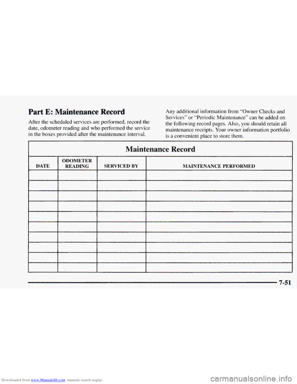 CHEVROLET ASTRO 1997 2.G Owners Manual Downloaded from www.Manualslib.com manuals search engine Part E: Maintenance Record
After the scheduled services are performed, record the
date, odometer reading and who performed
the serv CHEVROLET ASTRO 1997 2.G Owners Manual Downloaded from www.Manualslib.com manuals search engine Part E: Maintenance Record
After the scheduled services are performed, record the
date, odometer reading and who performed
the serv