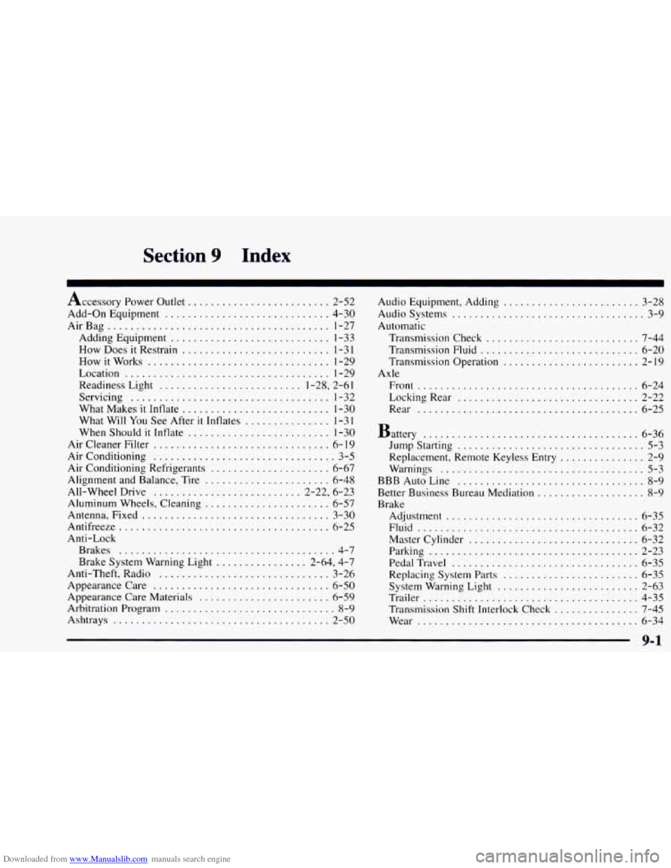 CHEVROLET ASTRO 1997 2.G Owners Guide Downloaded from www.Manualslib.com manuals search engine Section 9 Index 
Accessory Power Outlet ......................... 2-52 
Add-on  Equipment 
............................. 4-30 
AirBag 
........