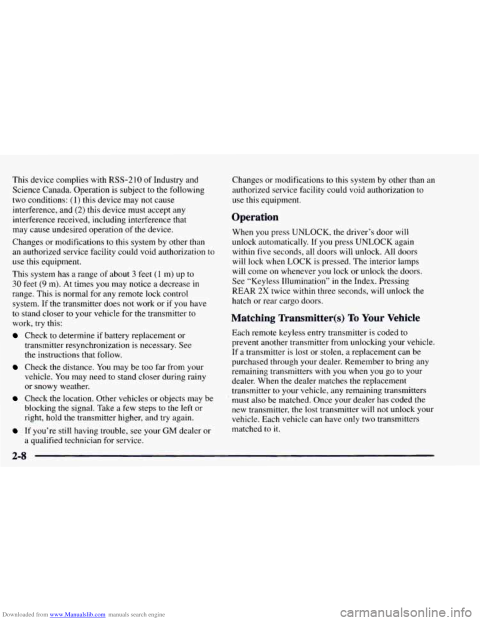 CHEVROLET ASTRO 1997 2.G Owners Manual Downloaded from www.Manualslib.com manuals search engine This  device complies with RSS-210 of Industry and 
Science  Canada. Operation is  subject 
to the following 
two  conditions: 
(1) this  devic