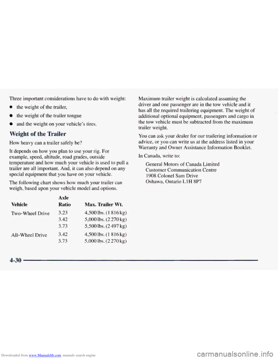 CHEVROLET ASTRO 1998 2.G Owners Manual Downloaded from www.Manualslib.com manuals search engine Three important  considerations have to do with  weight: 
e the  weight of the  trailer, 
the weight of the trailer  tongue 
and  the  weight  