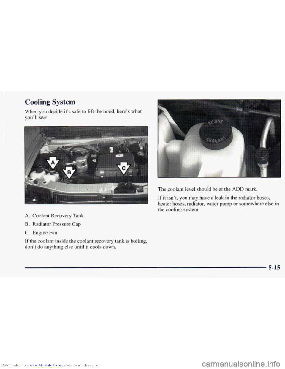 CHEVROLET ASTRO 1998 2.G Owners Manual Downloaded from www.Manualslib.com manuals search engine Cooling System 
When you decide  it’s safe  to lift  the  hood,  here’s  what 
you’ll  see: 
A. Coolant  Recovery  Tank 
B. Radiator Pres