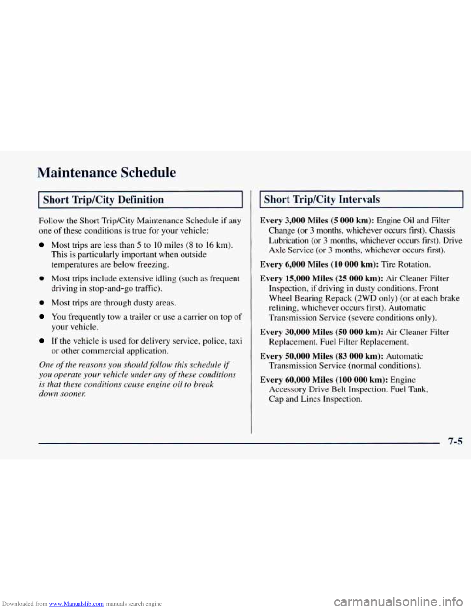 CHEVROLET ASTRO 1998 2.G Owners Manual Downloaded from www.Manualslib.com manuals search engine Maintenance Schedule 
I Short  Trip/City  Definition 
Follow the  Short  Trip/City  Maintenance  Schedule if any 
one  of these  conditions 
is