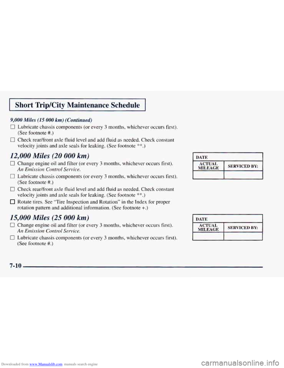 CHEVROLET ASTRO 1998 2.G Repair Manual Downloaded from www.Manualslib.com manuals search engine I Short TripKity Maintenance Schedule I
9,000 Miles (15 000 km) (Continued)
0 Lubricate chassis components (or every 3 months, whicheve CHEVROLET ASTRO 1998 2.G Repair Manual Downloaded from www.Manualslib.com manuals search engine I Short TripKity Maintenance Schedule I
9,000 Miles (15 000 km) (Continued)
0 Lubricate chassis components (or every 3 months, whicheve