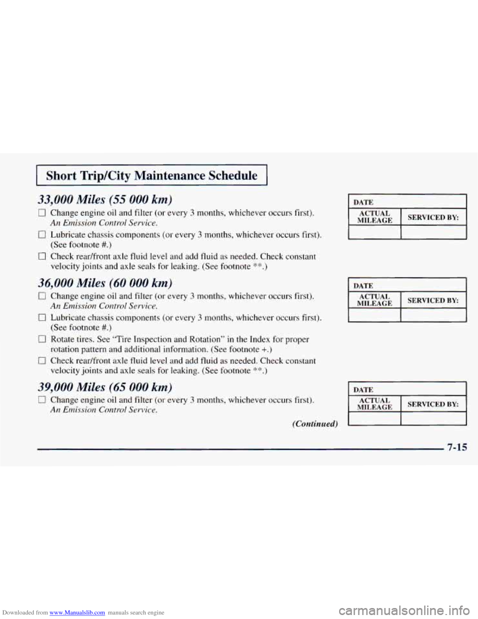 CHEVROLET ASTRO 1998 2.G User Guide Downloaded from www.Manualslib.com manuals search engine I Short  Trip/City  Maintenance  Schedule I 
33,000 Miles (55 000 km) 
0 Change engine oil  and filter (or  every 3 months,  whichever  occurs 