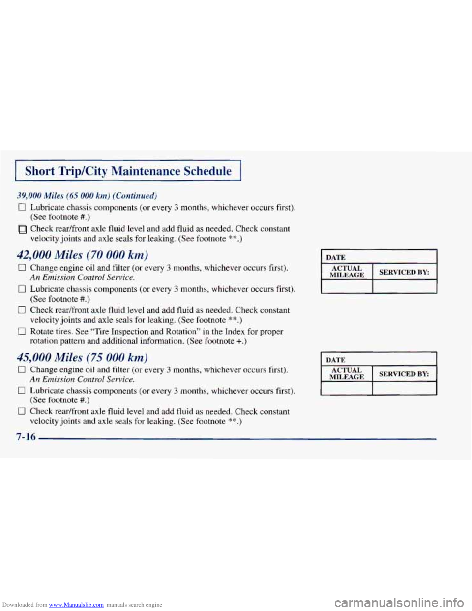 CHEVROLET ASTRO 1998 2.G User Guide Downloaded from www.Manualslib.com manuals search engine Short  Trip/City  Maintenance  Schedule 
39,000 Miles (65 000 km) (Continued) 
0 Lubricate chassis components (or every 3 months,  whichever oc
