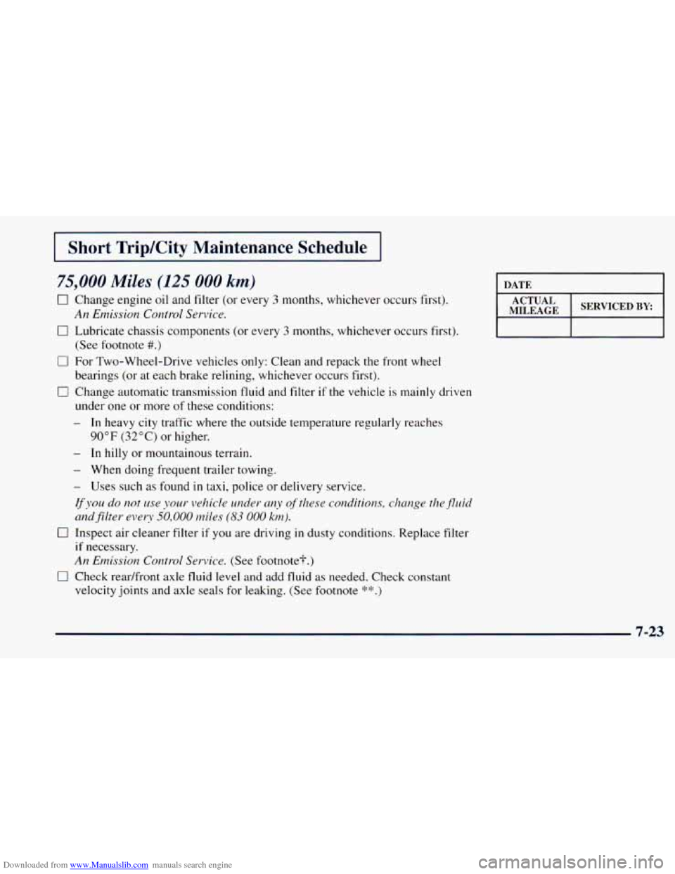 CHEVROLET ASTRO 1998 2.G User Guide Downloaded from www.Manualslib.com manuals search engine I Short TripKity  Maintenance  Schedule I 
75,000 Miles (125 000 km) 
0 Change engine oil and  filter  (or  every 3 months,  whichever  occurs 