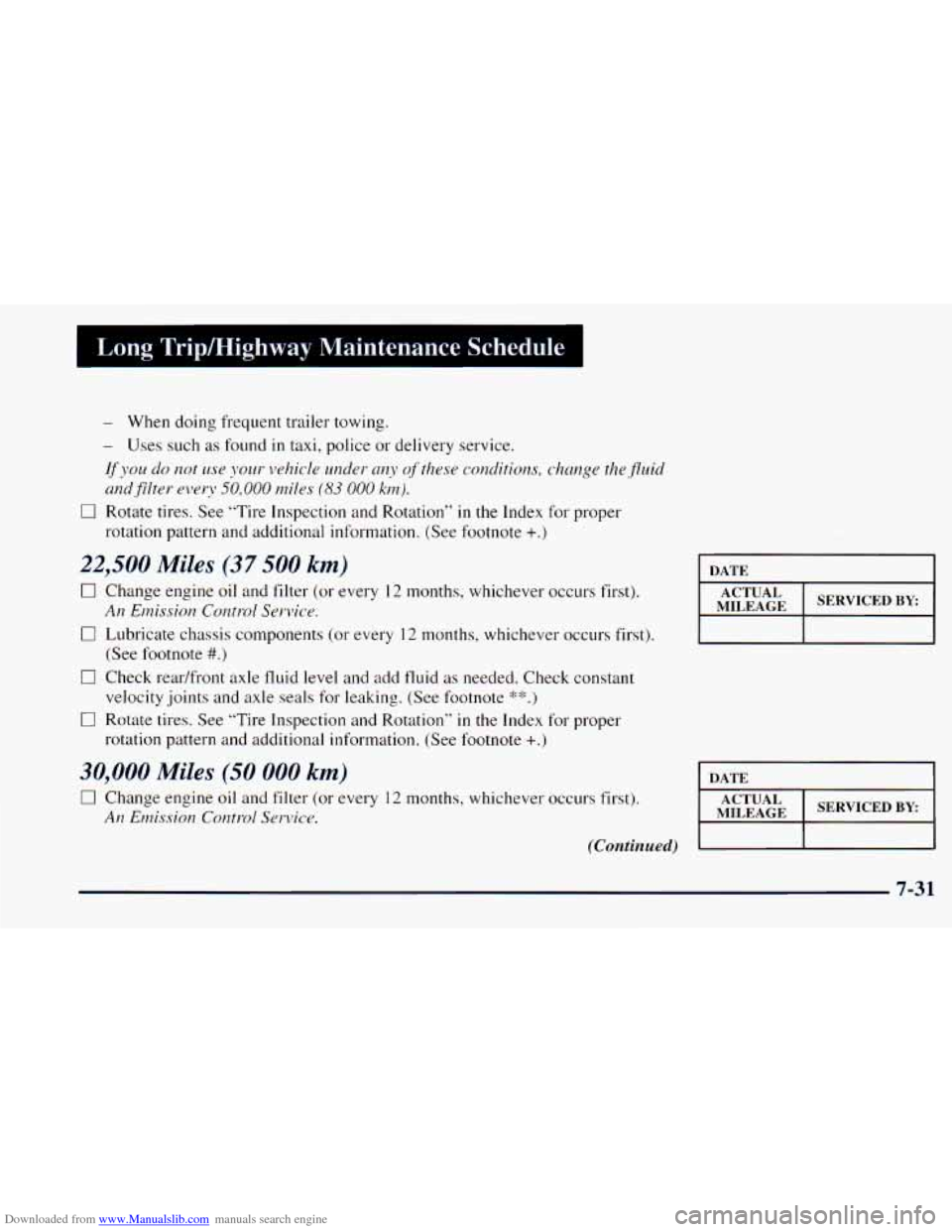 CHEVROLET ASTRO 1998 2.G Owners Guide Downloaded from www.Manualslib.com manuals search engine Long  Trip/Highway  Maintenance  Schedule 1 
- When doing frequent  trailer towing. 
- Uses such as found  in taxi,  police  or delivery  servi