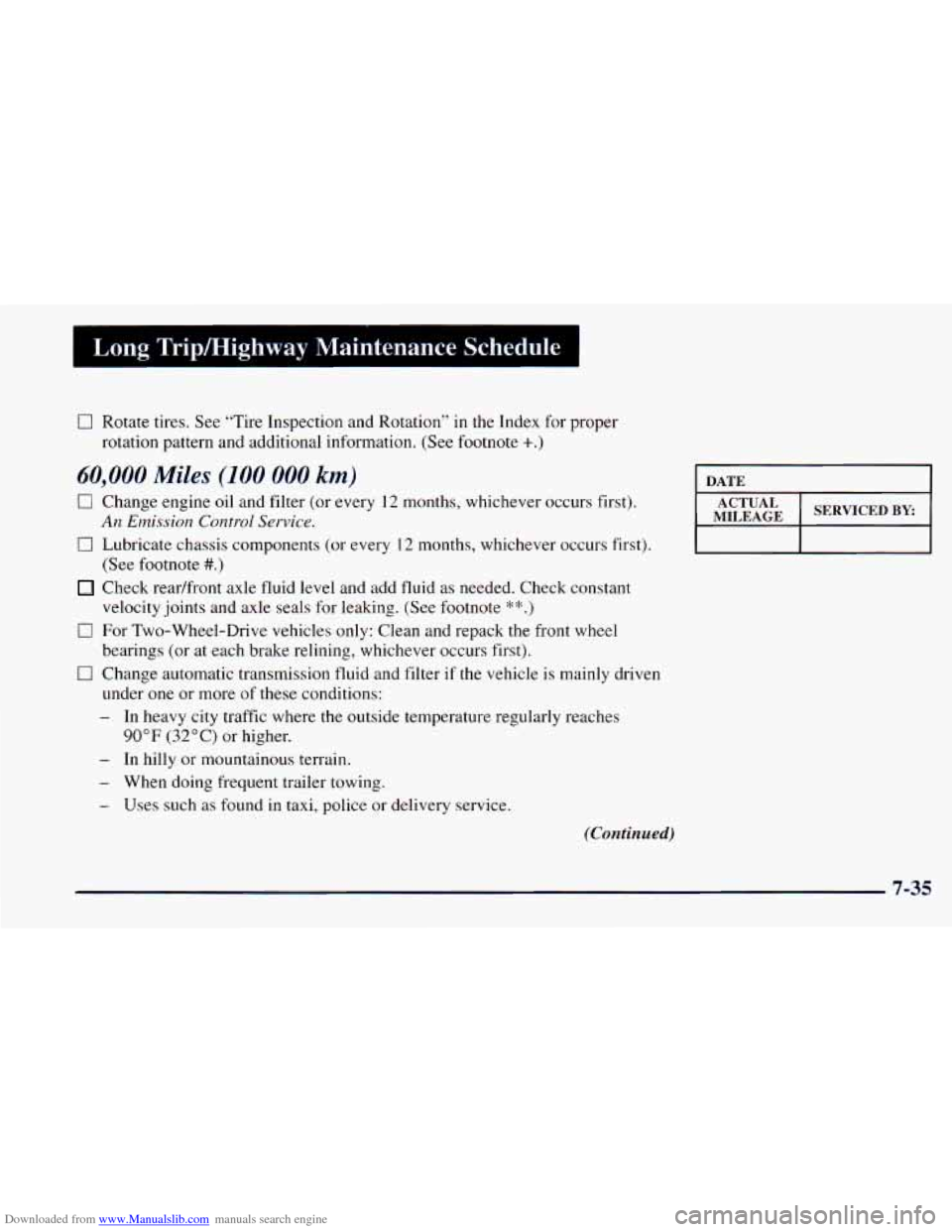 CHEVROLET ASTRO 1998 2.G Owners Manual Downloaded from www.Manualslib.com manuals search engine Long  Tripmighway  Maintenance  Schedule 
0 Rotate tires. See “Tire  Inspection  and Rotation”  in the Index for proper 
rotation  pattern 