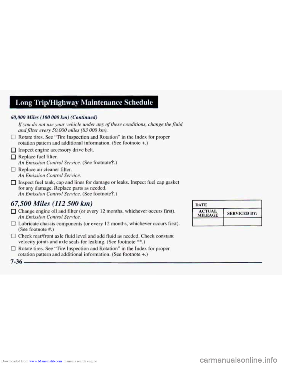 CHEVROLET ASTRO 1998 2.G Owners Manual Downloaded from www.Manualslib.com manuals search engine Long Trip/Highway Maintenance Schedule
60,000 Miles (100 000 km) (Continued)
0
0
If you do not use your vehicle under any of these co CHEVROLET ASTRO 1998 2.G Owners Manual Downloaded from www.Manualslib.com manuals search engine Long Trip/Highway Maintenance Schedule
60,000 Miles (100 000 km) (Continued)
0
0
If you do not use your vehicle under any of these co