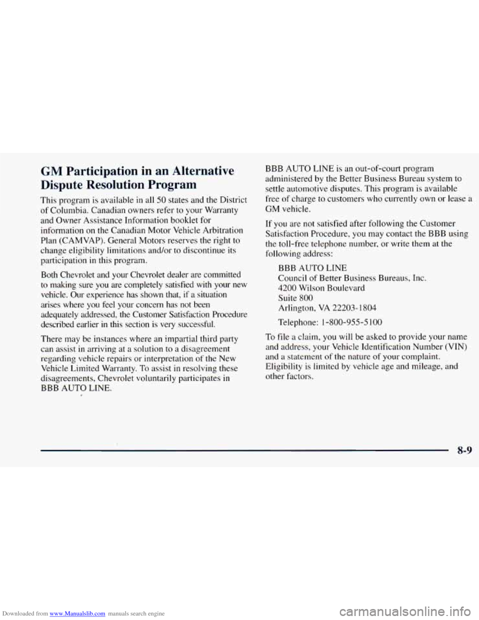 CHEVROLET ASTRO 1998 2.G Owners Manual Downloaded from www.Manualslib.com manuals search engine GM Participation  in  an  Alternative 
Dispute  Resolution  Program 
This  program  is  available in all 50 states and  the  District 
of  Colu