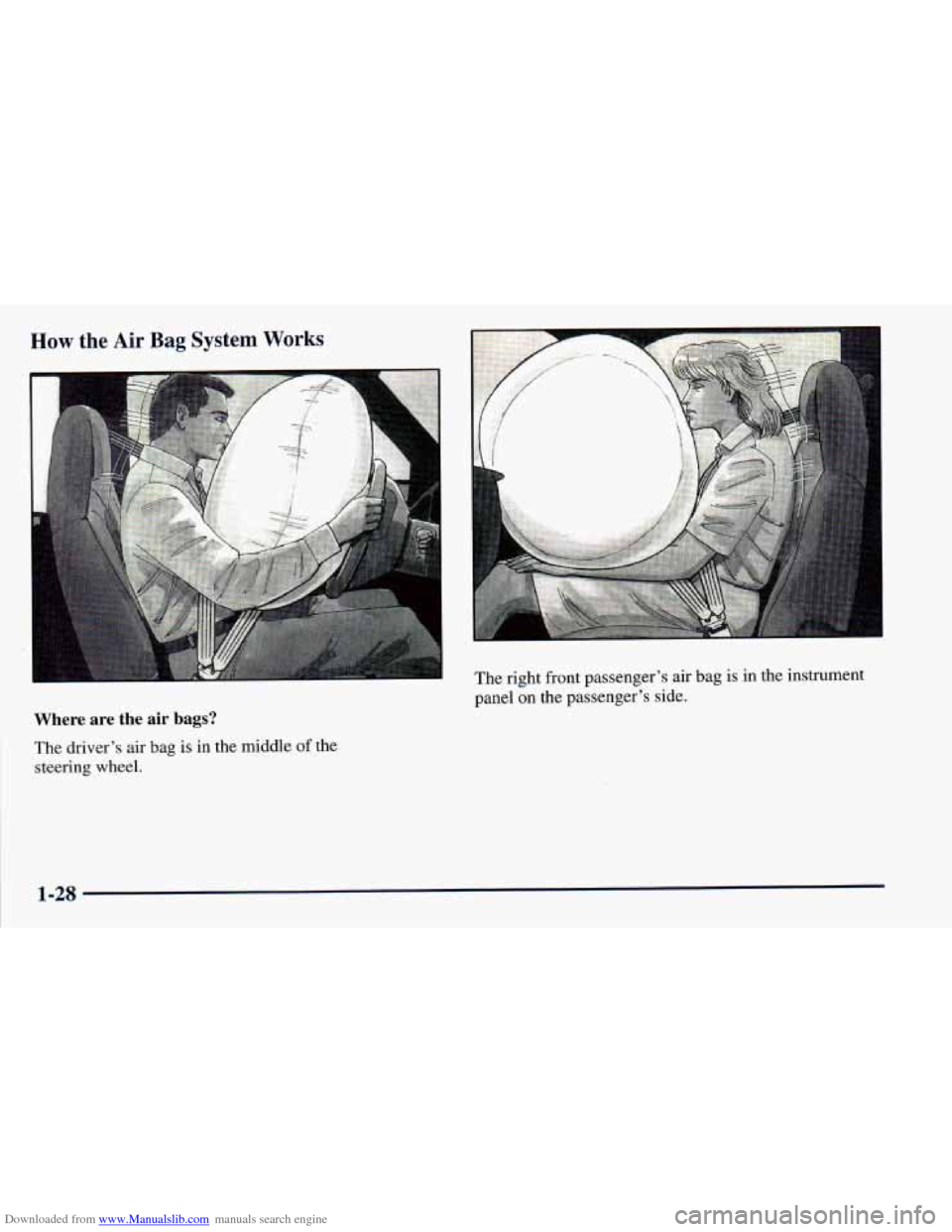 CHEVROLET ASTRO 1998 2.G Service Manual Downloaded from www.Manualslib.com manuals search engine How the Air Bag System Works 
I The right front passengers  air bag is in  the instrument 
panel  on the passengers  side. 
Where  are  the  