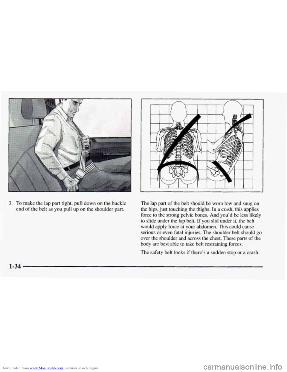 CHEVROLET ASTRO 1998 2.G Service Manual Downloaded from www.Manualslib.com manuals search engine L 
3. To make  the lap part  tight,  pull down  on  the  buckle 
end  of  the  belt  as  you  pull up on the  shoulder  part.  The 
lap part of